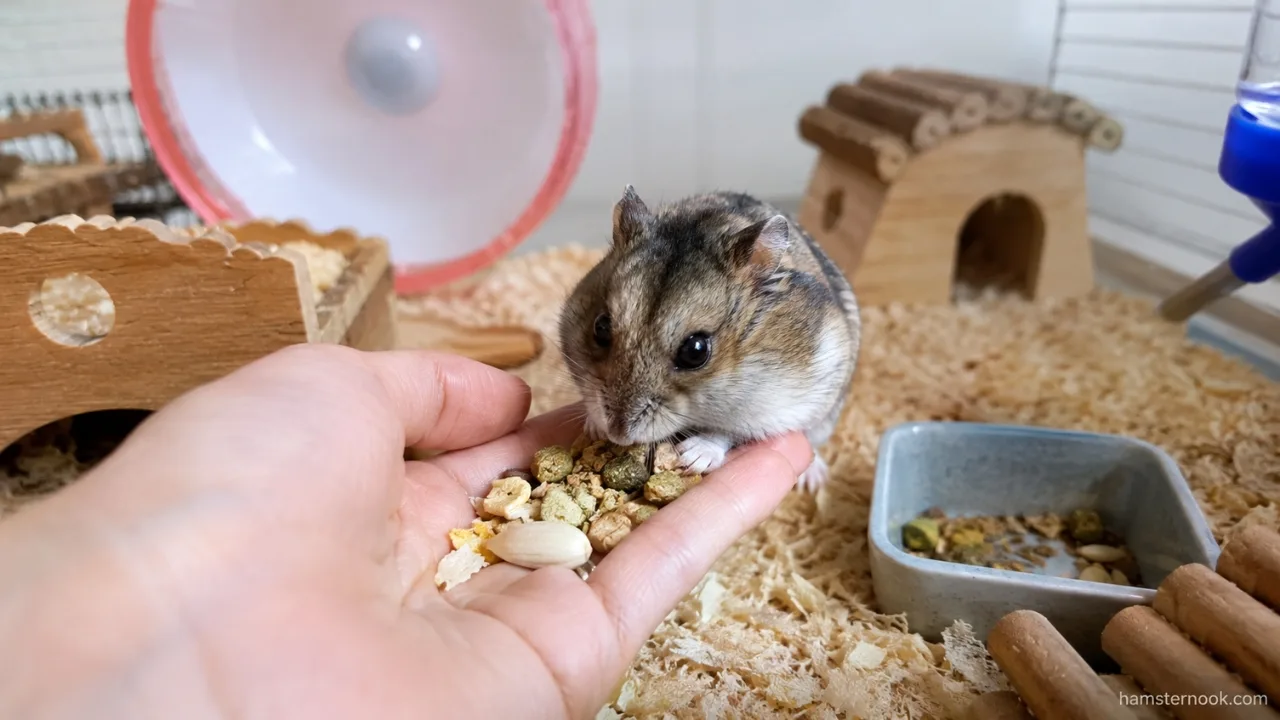 Owner gently hand-training a hamster to build trust without stress