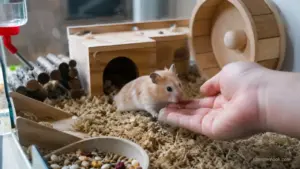 Pet hamster calmly taking a treat from its owner's hand while building trust