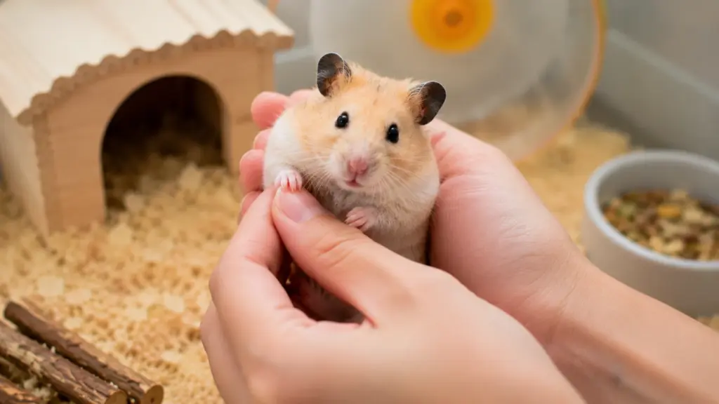 owner holding a hamster safely with both hands