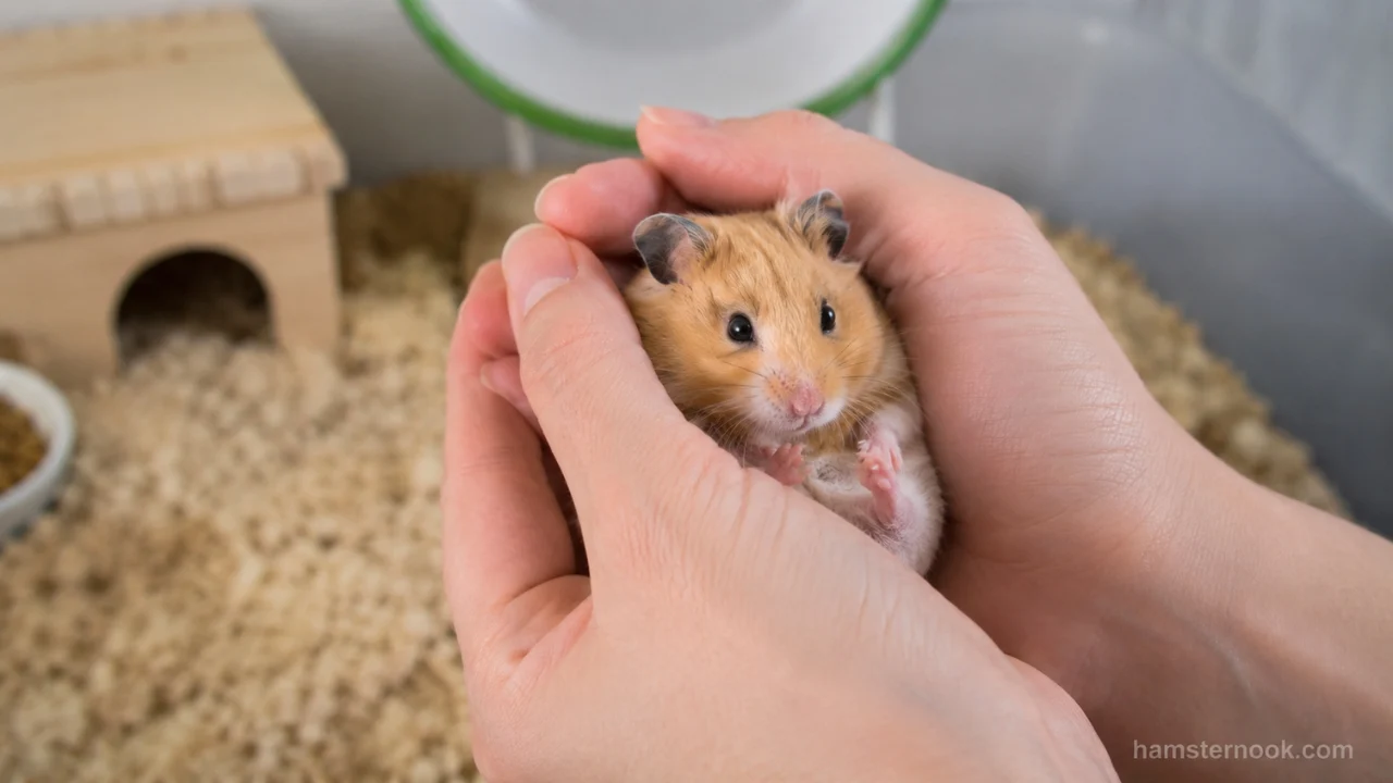 Person gently holding a hamster with both hands