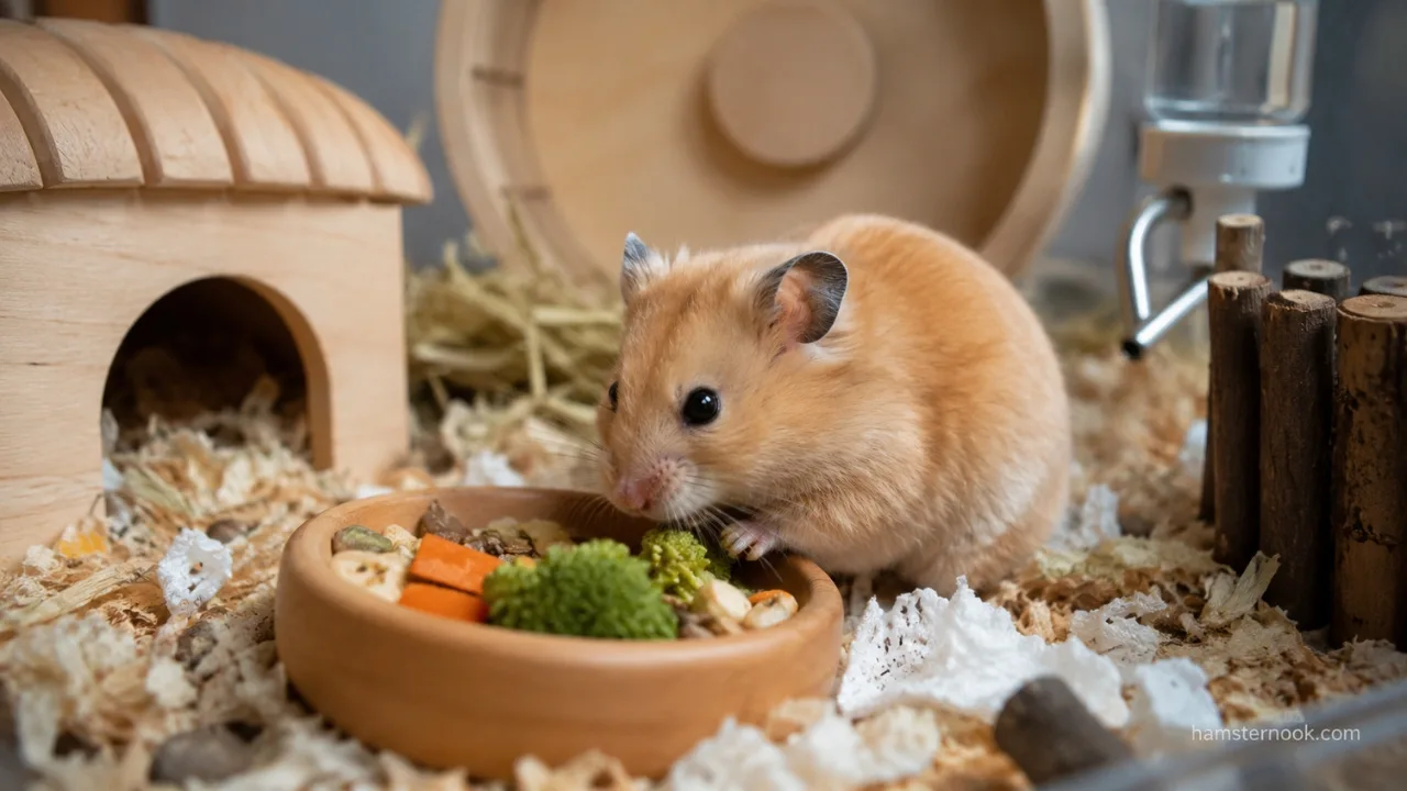 Owner introducing a new healthy food to a pet hamster safely