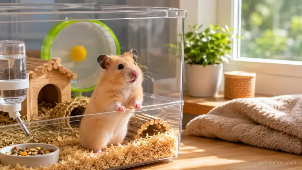 Hamster enclosure placed in a quiet bedroom away from direct sunlight and household noise