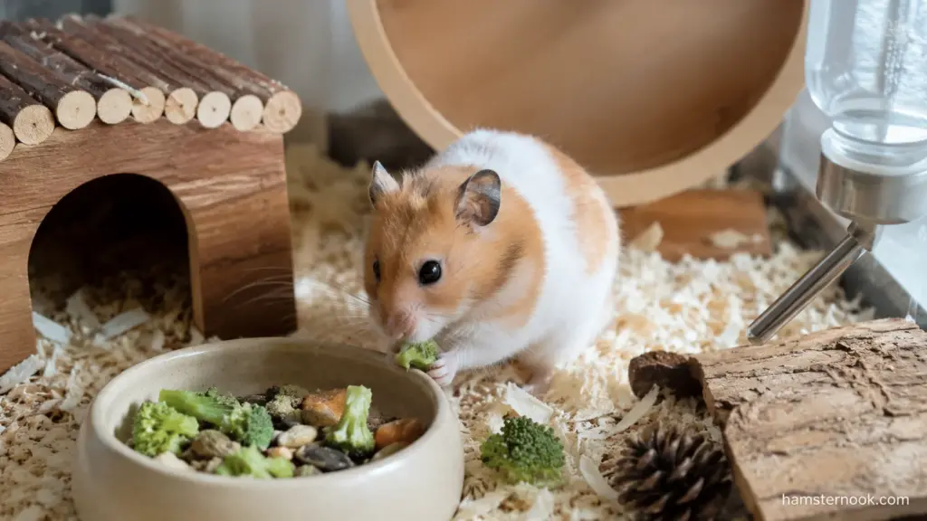 Syrian hamster eating small pieces of broccoli as a first food introduction