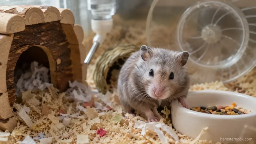 Older hamster sitting near its food dish in a comfortable enclosure