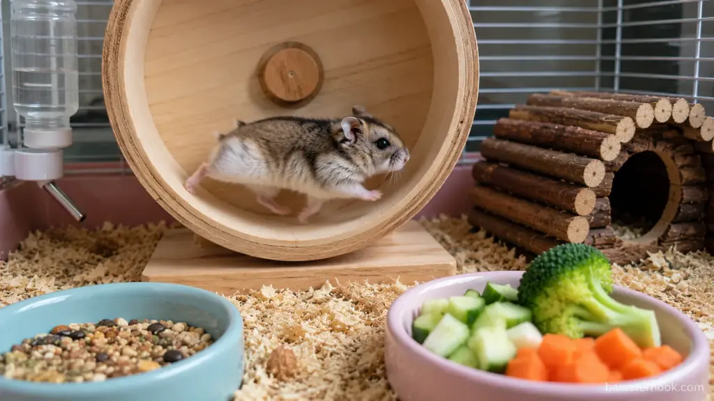 Active Roborovski hamster exercising on a wooden wheel beside fresh vegetables and enrichment items
