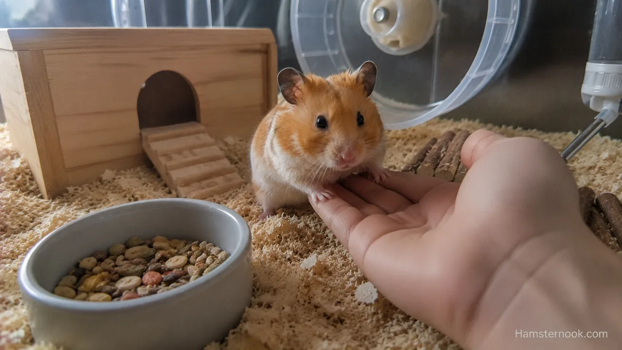A calm Syrian hamster sitting comfortably in an owner's hands.