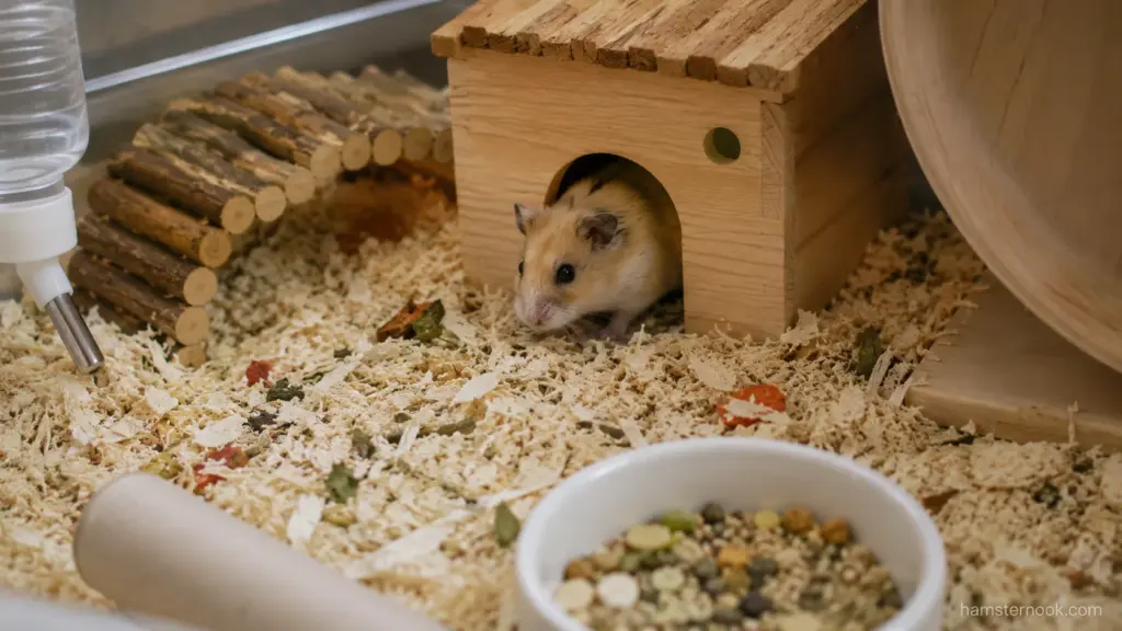 Sleeping hamster resting peacefully inside its enclosure during daylight hours