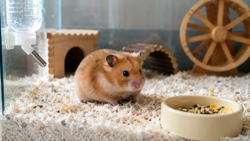 Golden hamster beside food bowl and exercise wheel in enclosure