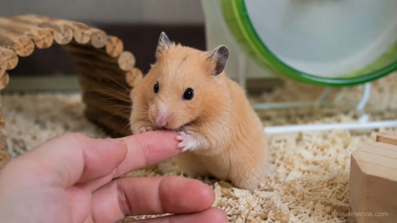 Friendly Syrian hamster sitting comfortably on owner's hand