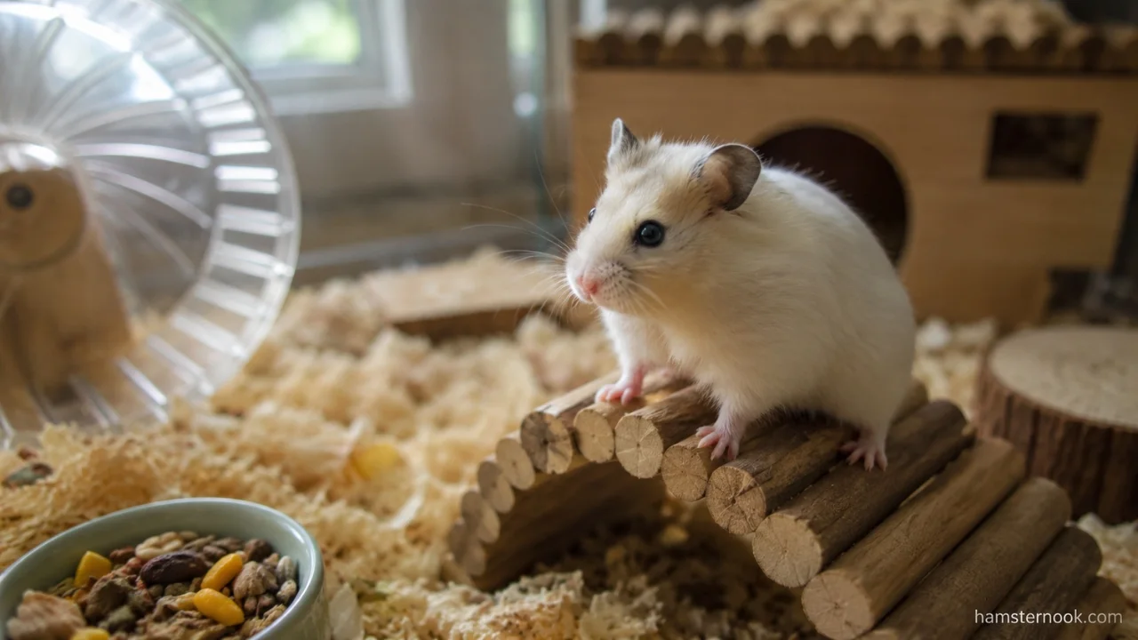 Syrian hamster sitting beside a large cage setup showing hamster ownership costs