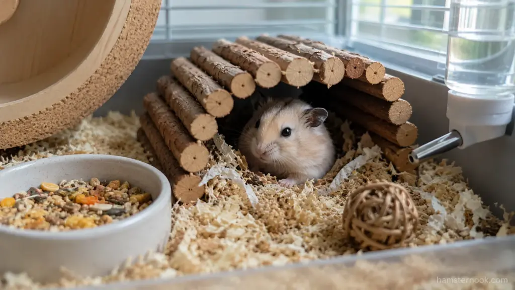 Dwarf hamster relaxing inside a wooden tunnel hide with food bowl nearby