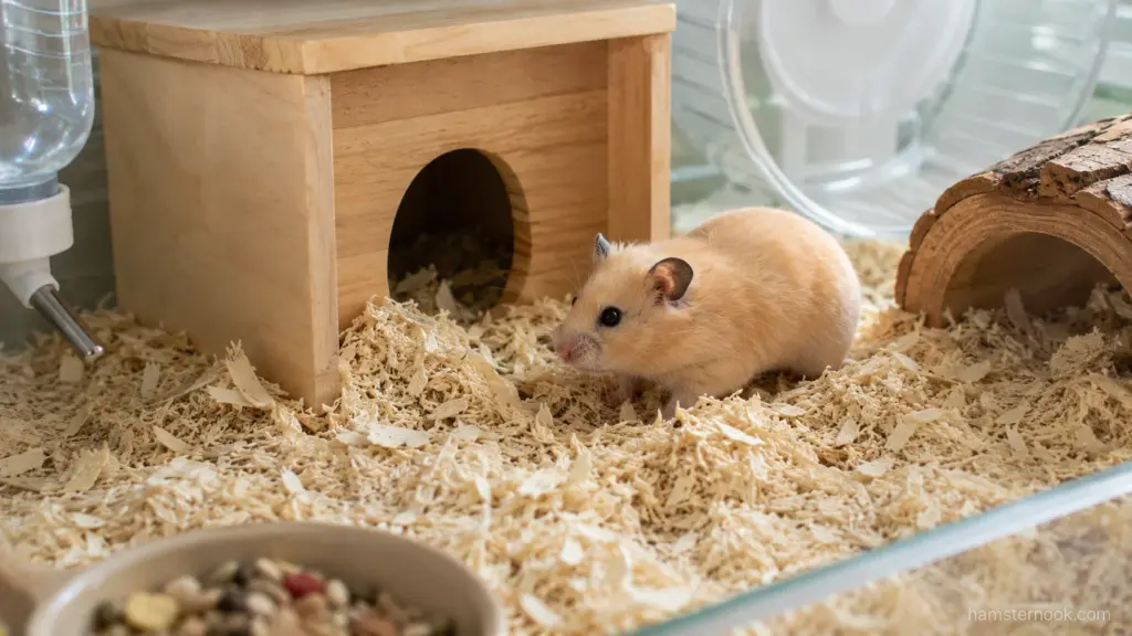 Hamster exploring bedding near a hideout and exercise wheel