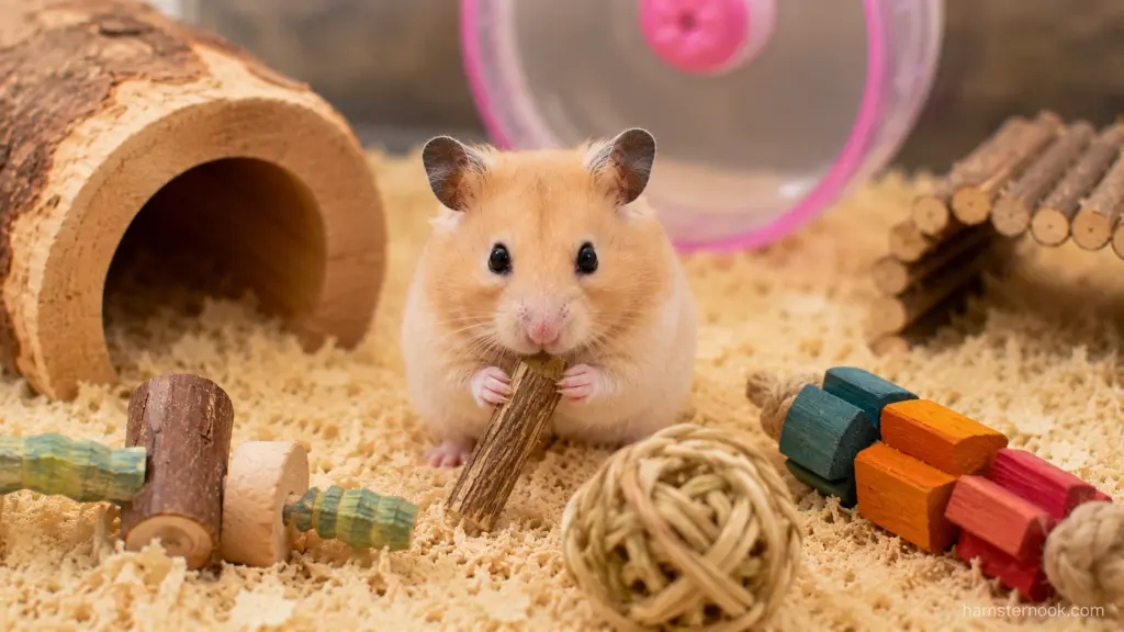 syrian hamster chewing natural apple wood stick for healthy teeth