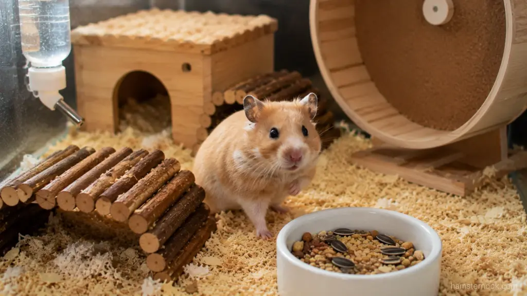 New hamster cautiously observing its surroundings inside a habitat