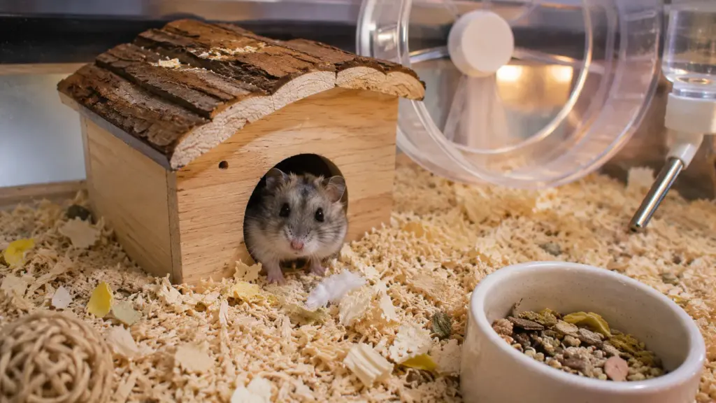 Gray dwarf hamster peeking out of wooden hideout on first night in new cage