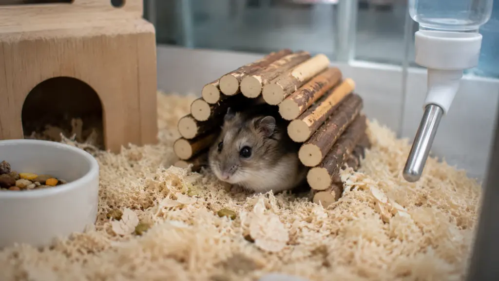 Dwarf hamster resting inside wooden tunnel hide during cage adjustment