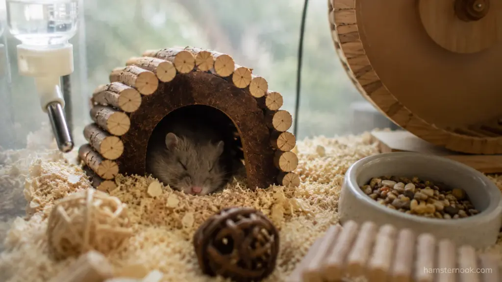 Sleeping dwarf hamster resting inside a tunnel hide during the day