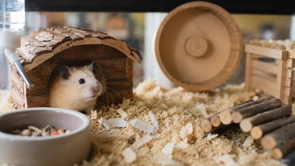 Golden hamster resting inside hideout during first night in new home