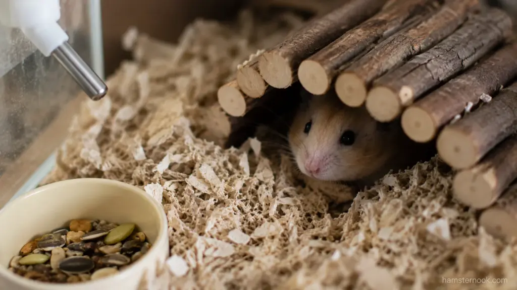 Hamster resting beneath a wooden bridge hide surrounded by deep bedding
