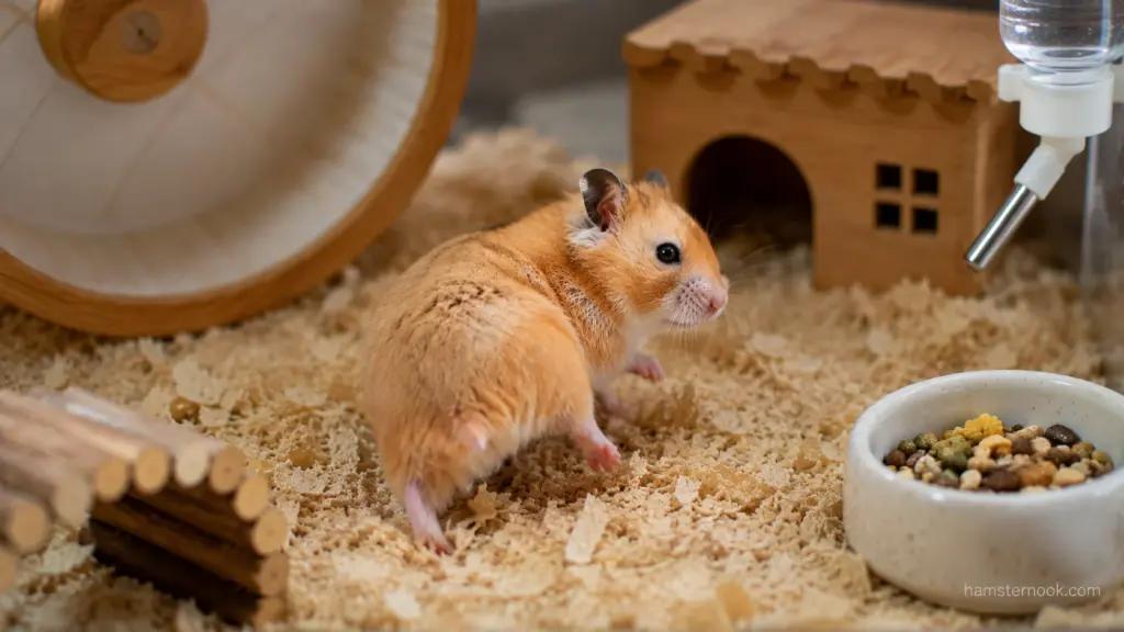 Syrian hamster standing near its food bowl while exploring its enclosure