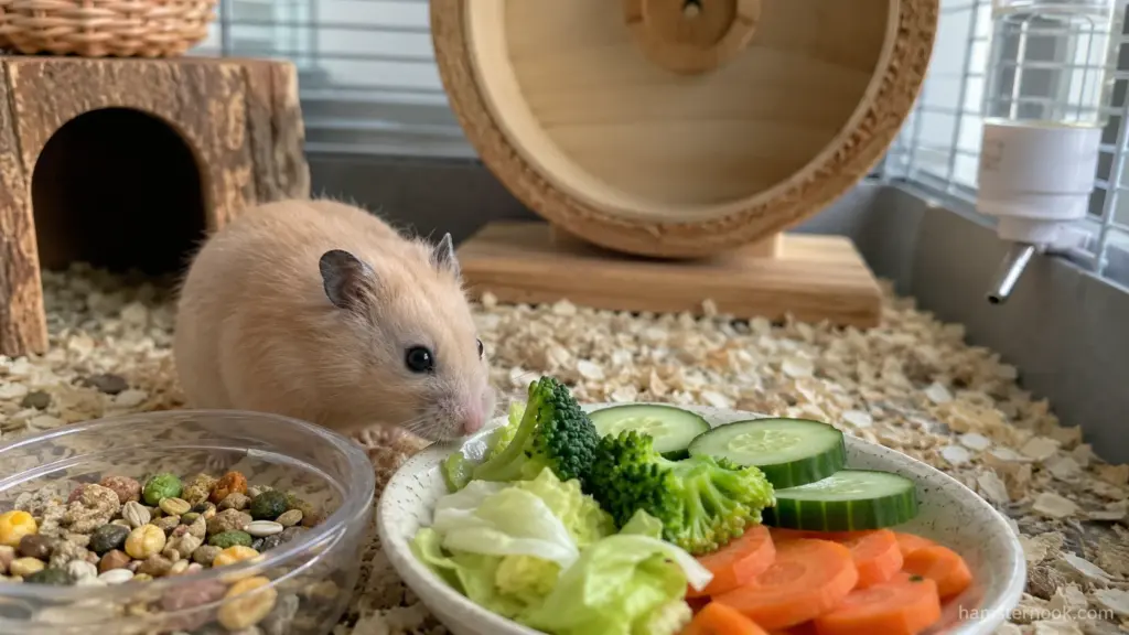 Hamster choosing between broccoli, cucumber, carrot, and romaine lettuce