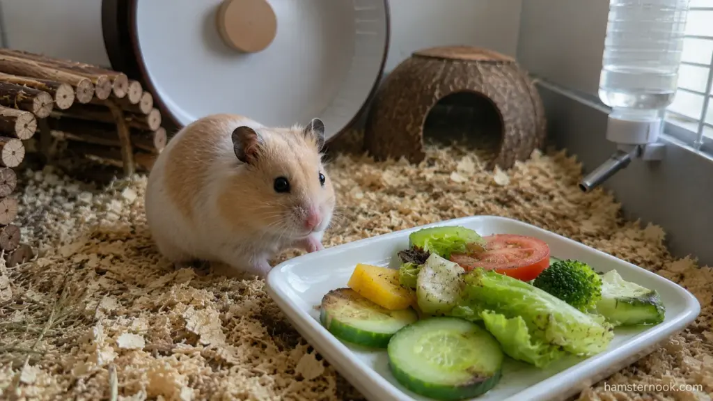 Pet hamster sitting beside a plate with cucumber, broccoli, lettuce, and tomato inside its enclosure
