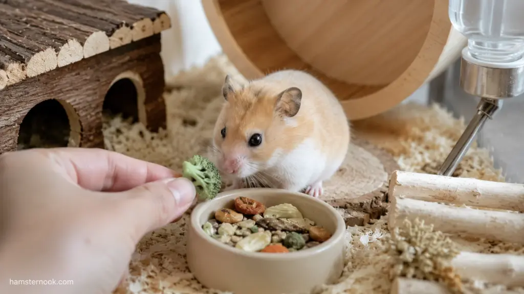 Owner offering a small broccoli floret to a Syrian hamster