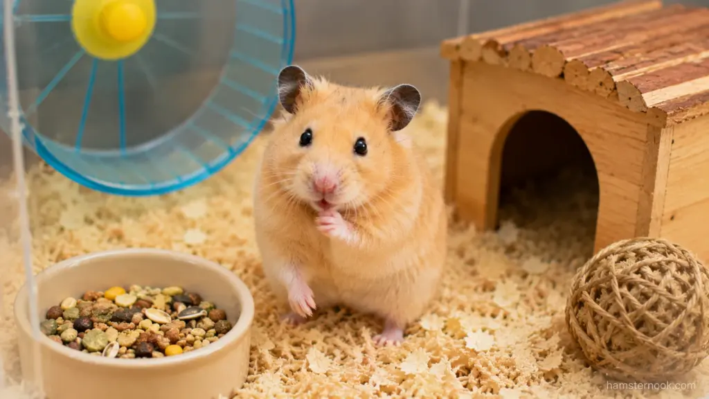Syrian hamster standing inside a properly furnished enclosure with wheel, hideout, bedding and food bowl