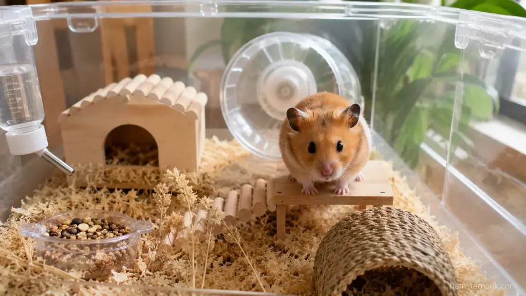 Large hamster enclosure with deep bedding, wheel, hideouts, and enrichment items
