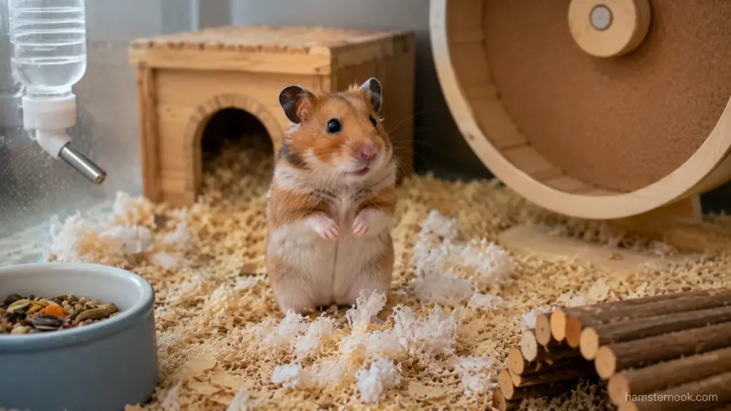 Hamster standing beside a large exercise wheel and spacious enclosure