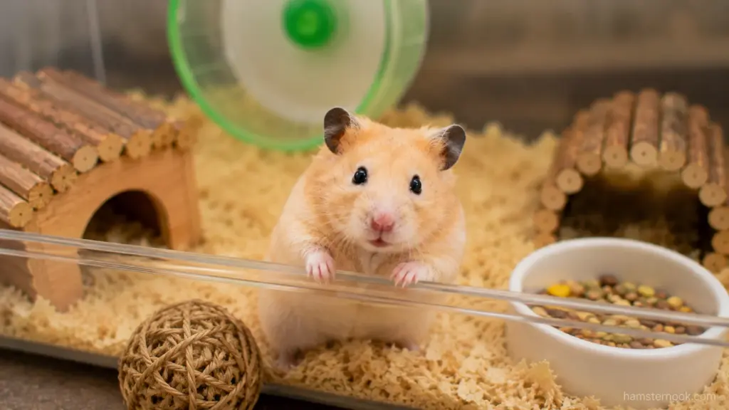 Healthy hamster inside enriched enclosure with deep bedding and natural hideouts
