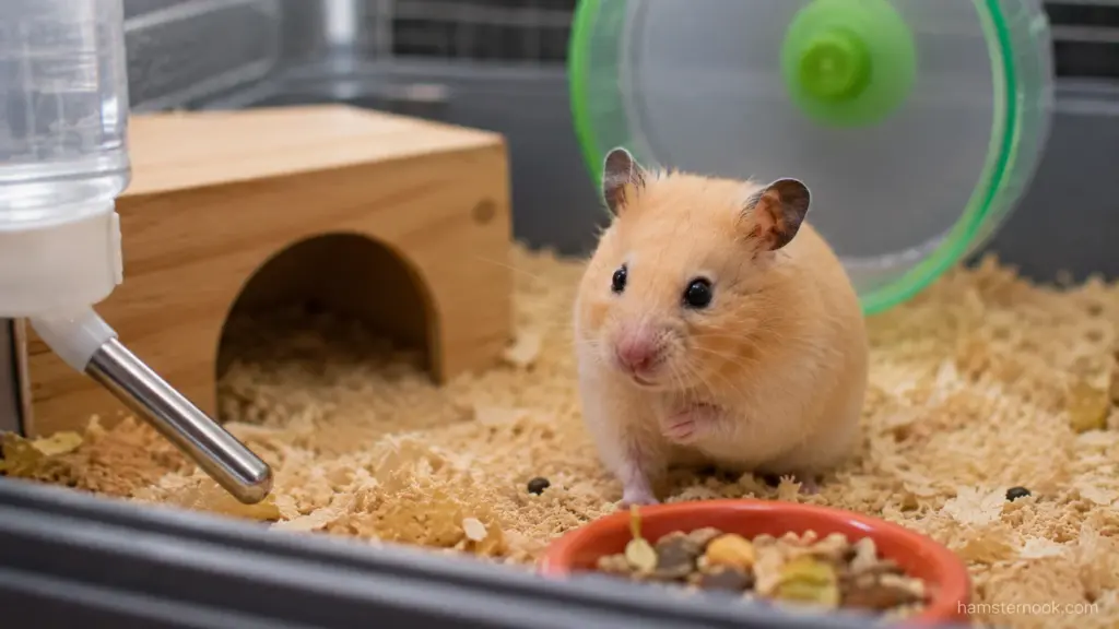 Syrian hamster inside a spacious enclosure with bedding, hideout, wheel, and food bowl