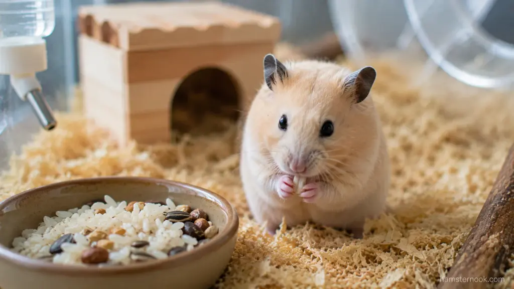 Pet hamster beside a bowl showing a safe rice serving size