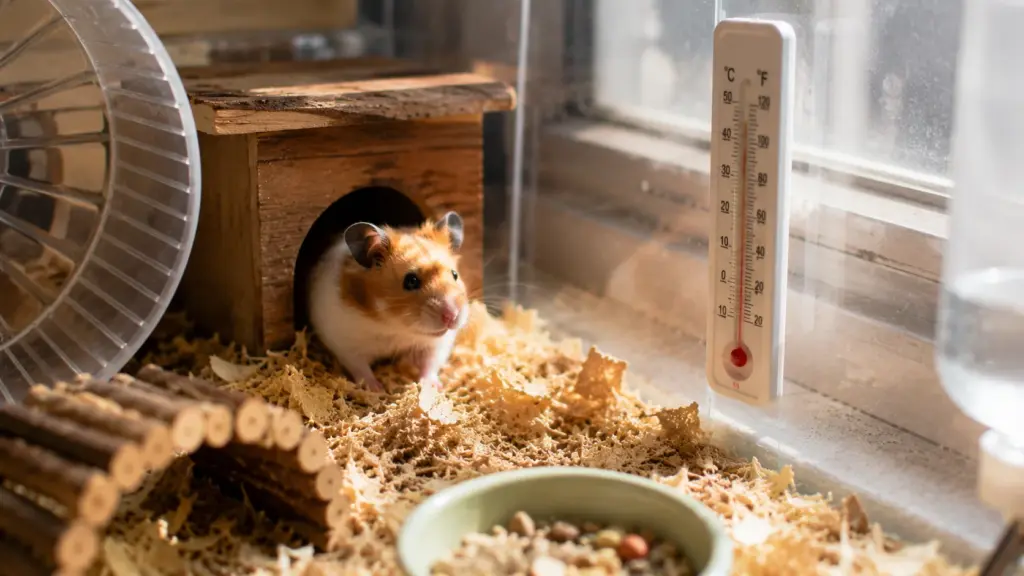 Hamster resting near hideout and wheel during warm indoor conditions
