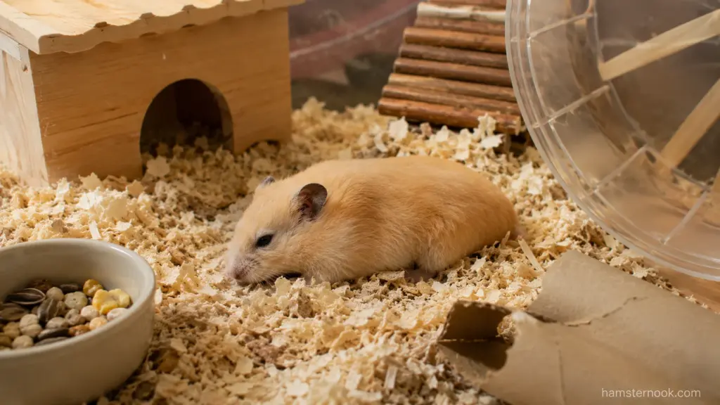 Hamster resting near its exercise wheel and food bowl