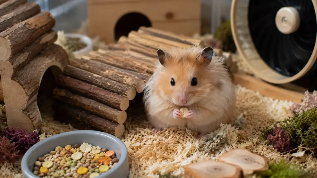 Roborovski dwarf hamster exploring a wooden bridge inside an enclosure