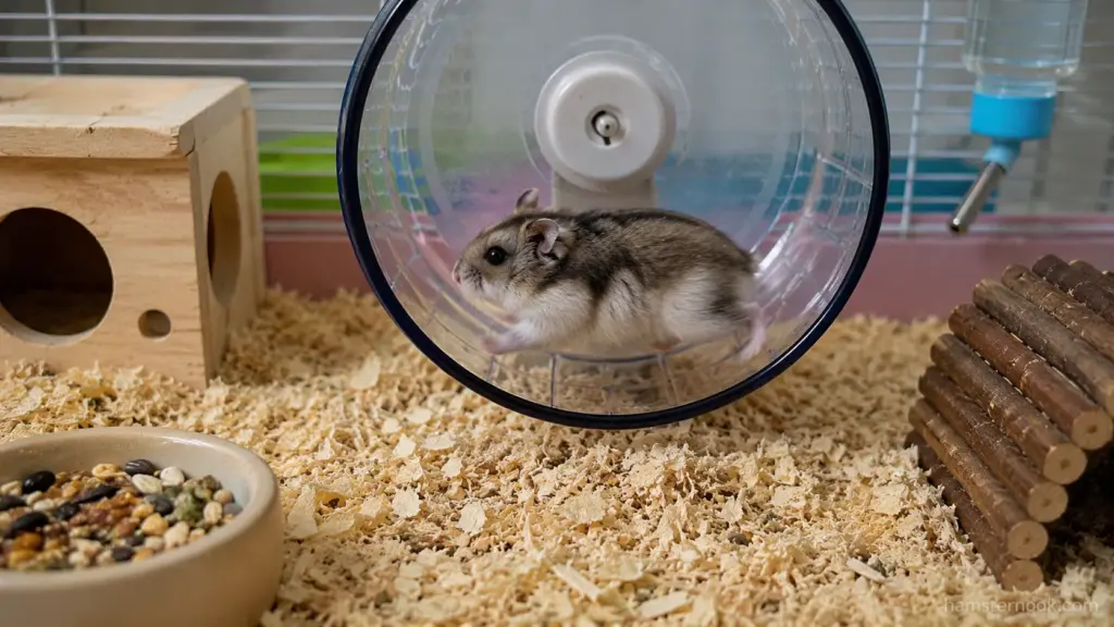 Roborovski hamster running on an exercise wheel inside a spacious enclosure