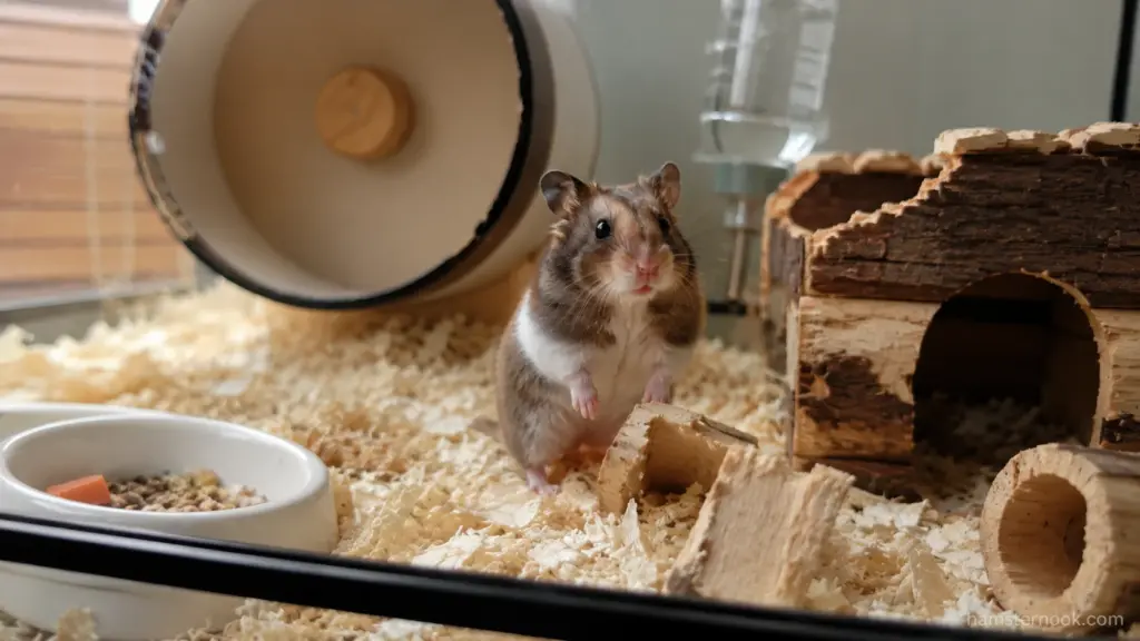 Roborovski hamster standing inside a spacious enclosure with an exercise wheel and hideout