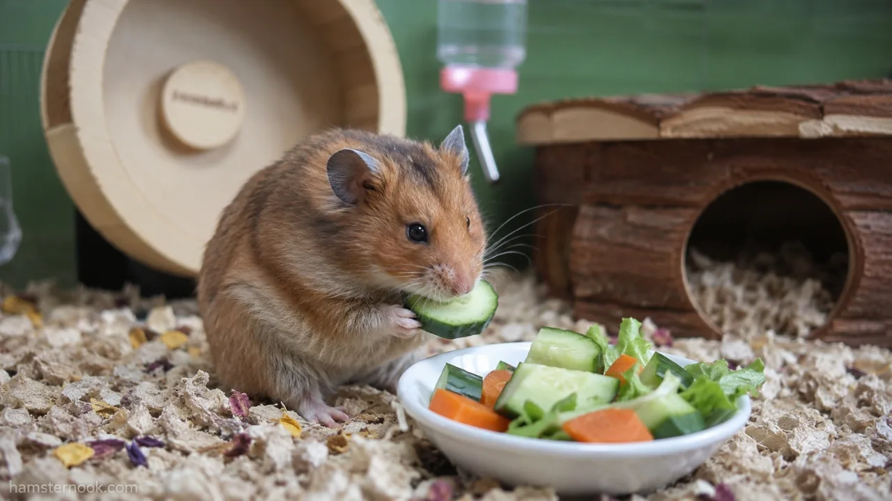 Pet hamster eating freshly washed cucumber and carrot slices