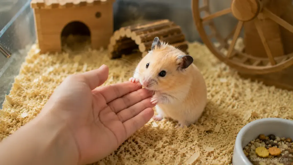 Hamster gently taking a treat from owner's finger inside enclosure