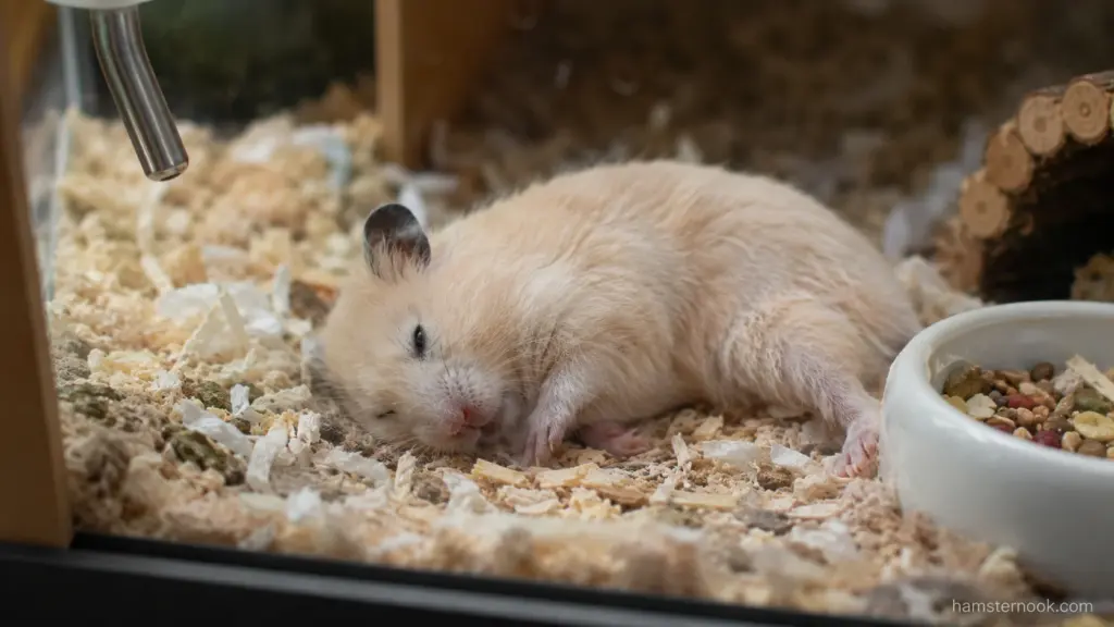 Weak hamster lying on bedding with eyes partially closed inside enclosure