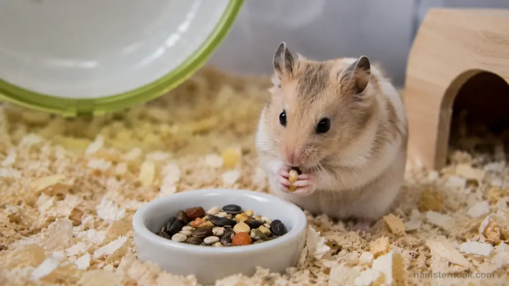 Hamster eating food beside a ceramic feeding bowl