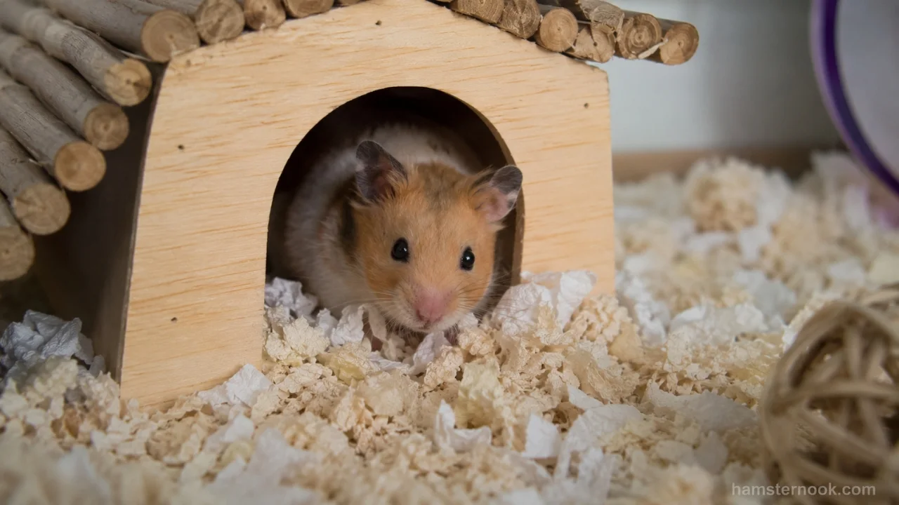 Hamster hiding inside a shelter because it feels unsafe