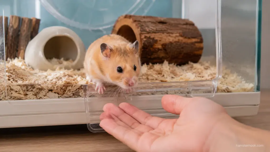Hamster voluntarily approaching owner's hand at cage entrance