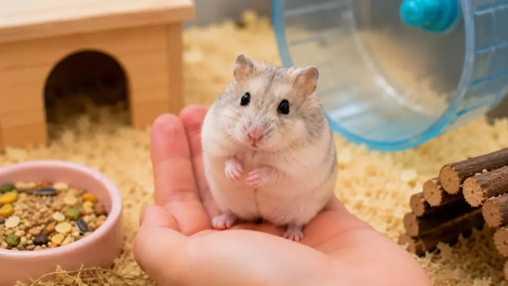 friendly hamster sitting quietly on owner's hand