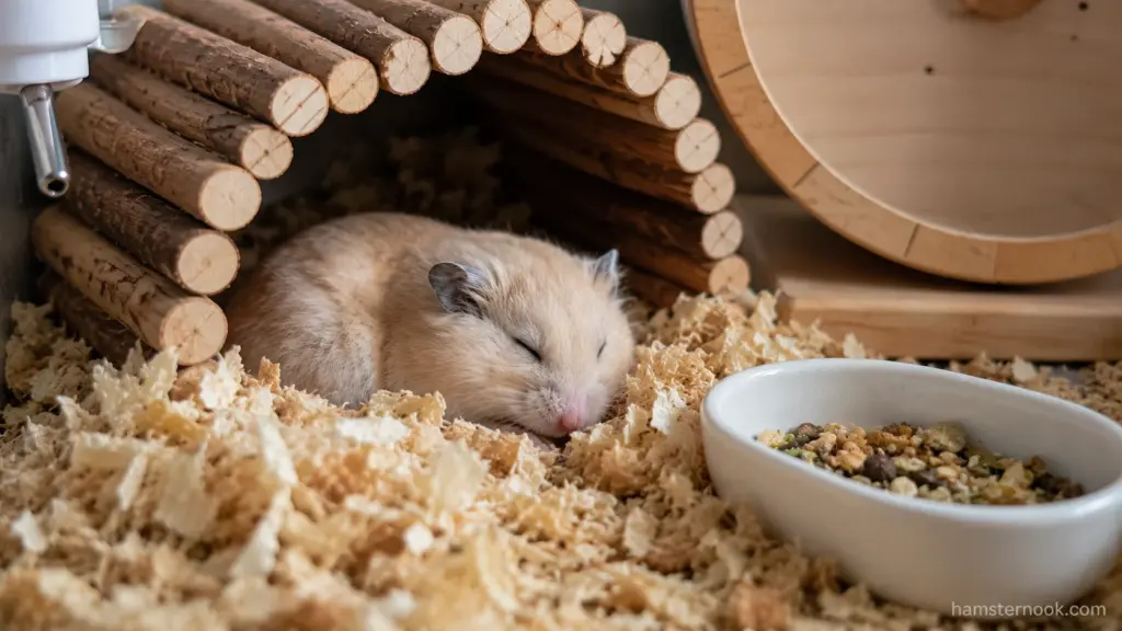 Dwarf hamster sleeping beneath a wooden tunnel beside its exercise wheel
