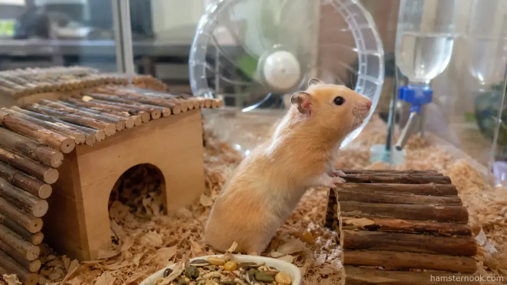 Young hamster exploring enrichment items inside a spacious enclosure