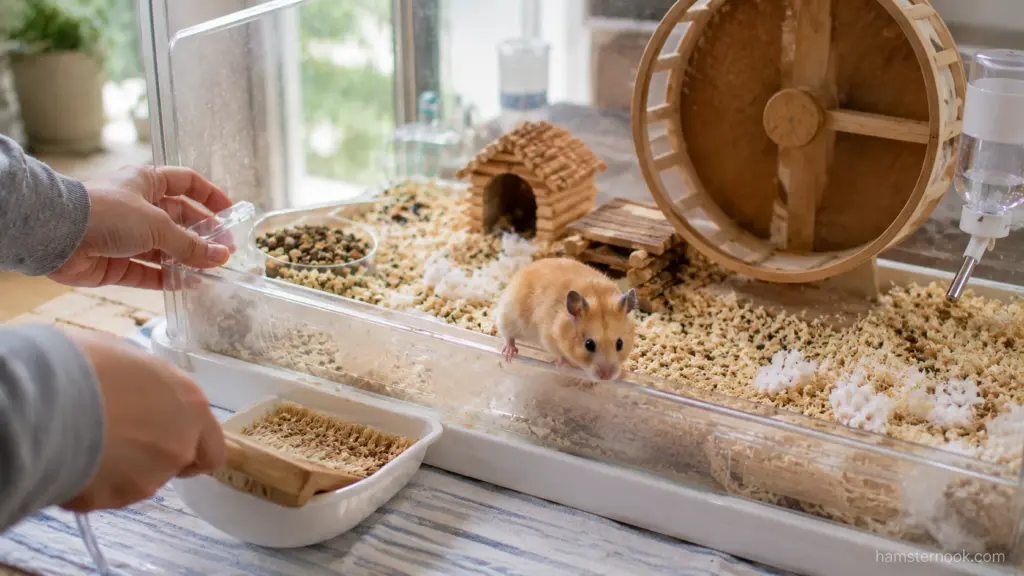 Spot cleaning a hamster cage by removing soiled bedding