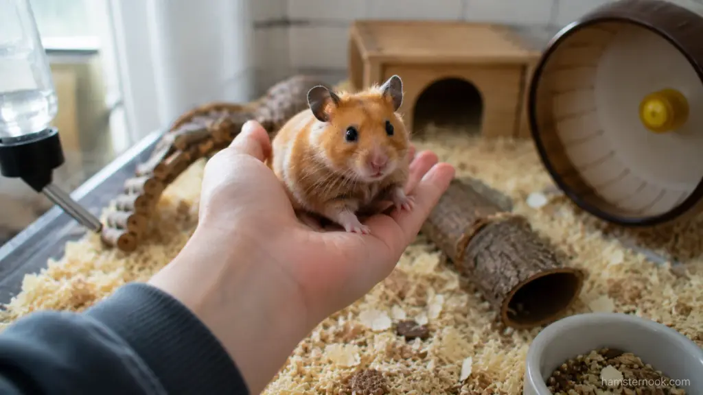 Syrian hamster calmly sitting on an owner's hand inside a hamster enclosure