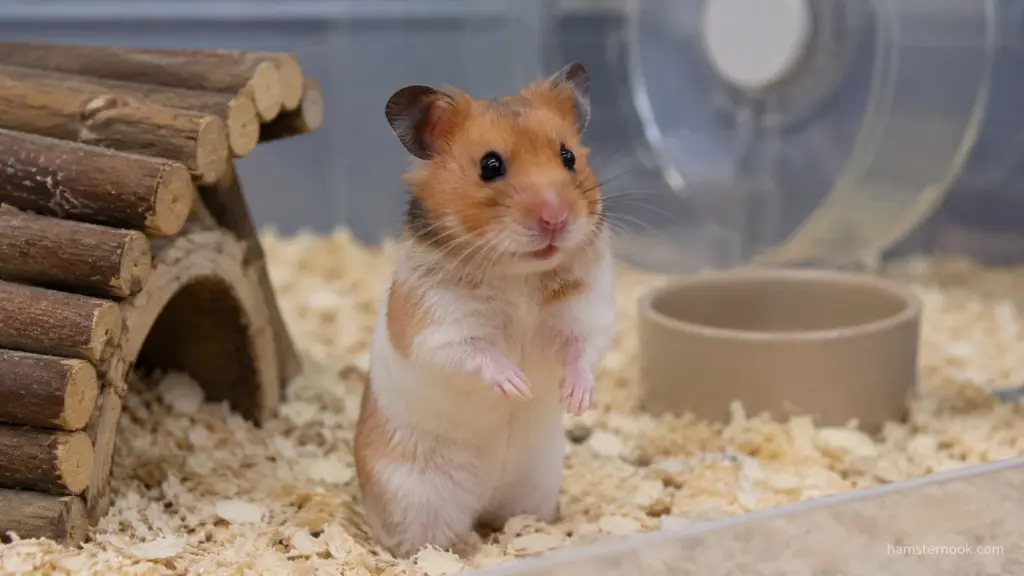 Curious Syrian hamster standing upright inside a well-equipped enclosure